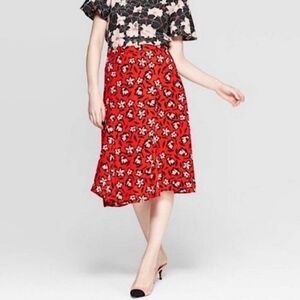 Who What Wear Red Floral A-Line Flowy Midi Length Skirt